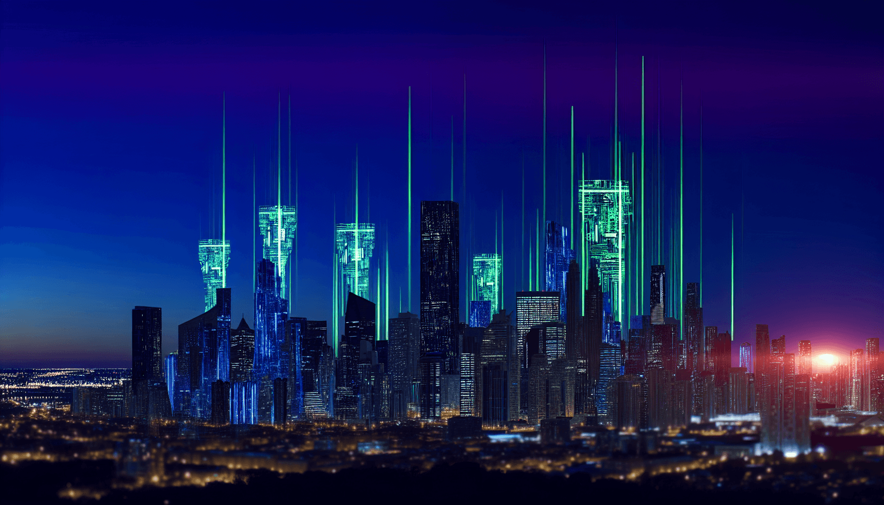 A futuristic cityscape at dusk showcasing towering skyscrapers representing advanced AI architectures and technological innovation.