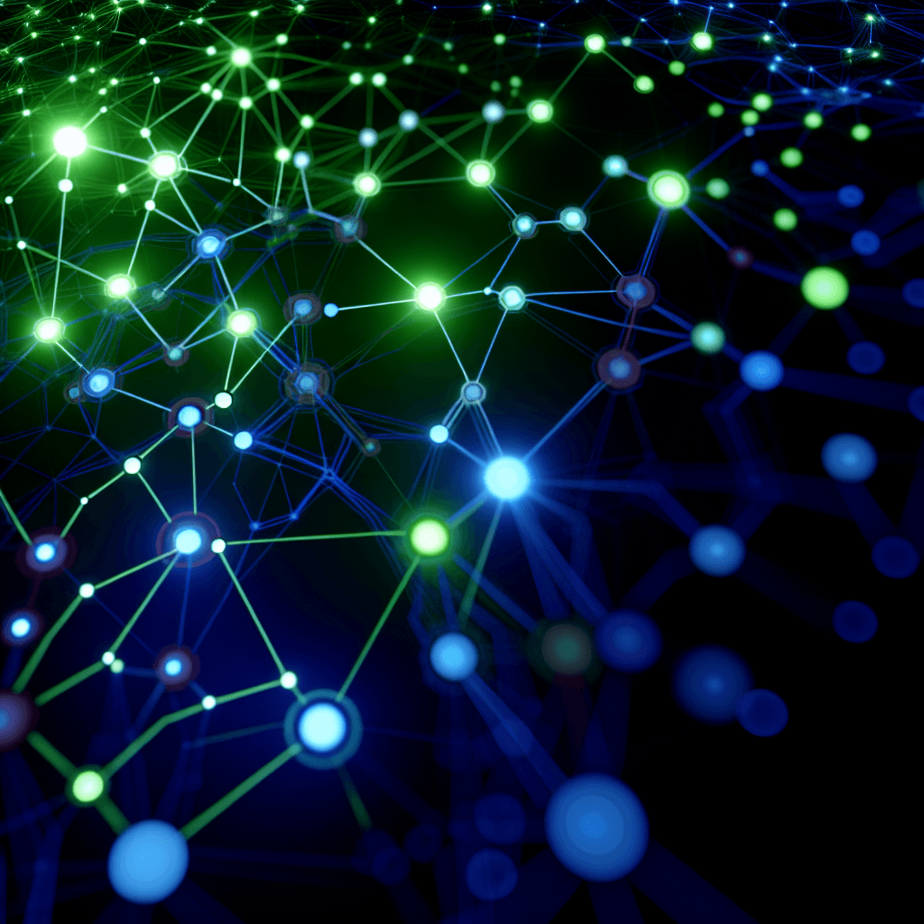 Abstract representation of AI architectures with glowing nodes and circuits, symbolizing innovation and dynamic growth.
