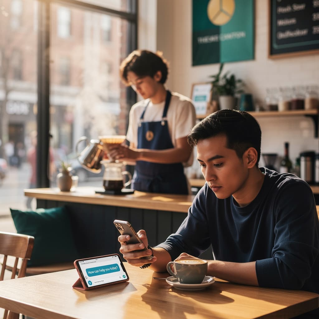 A customer interacts with an AI chatbot for local business on their smartphone in a cozy Canton cafe.